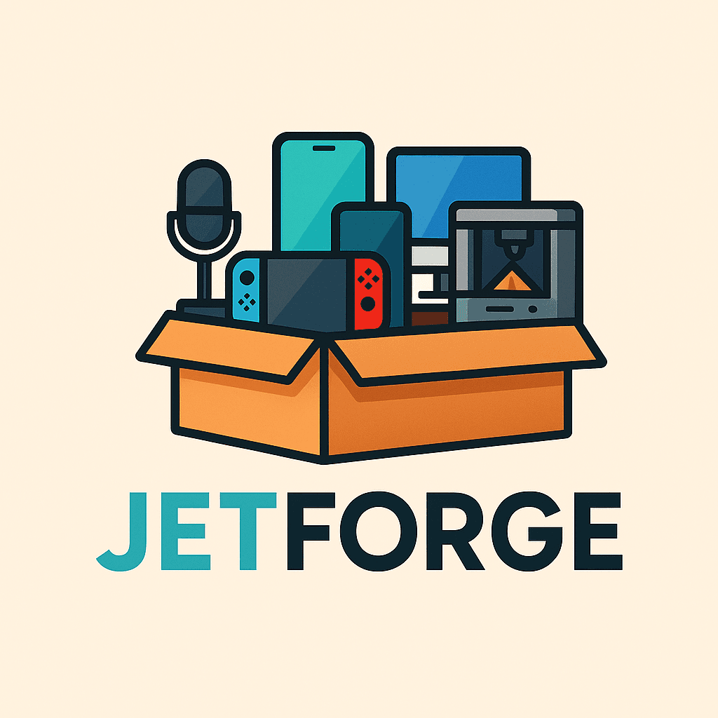 Jetforge box logo with microphone, console, and 3D printer